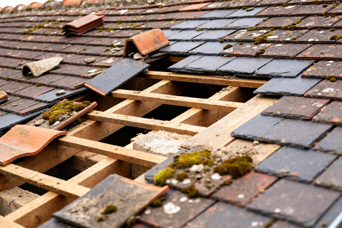 Toiture ancienne en cours de rénovation avec tuiles abîmées et mousse visible
