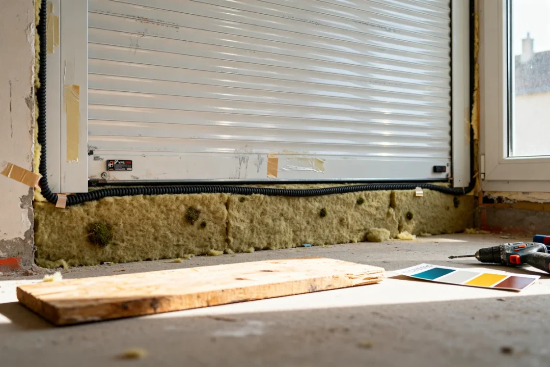 Isolation sur chantier de renovation volet roulant avec perceuse et échantillons de peinture au sol
