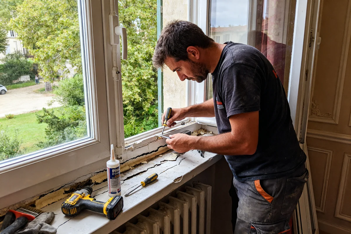 Homme effectuant une réparation fenêtre PVC avec outils et matériel de bricolage sur appui.