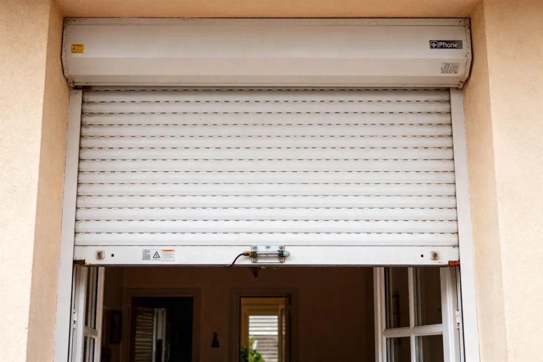 Volet roulant blanc partiellement ouvert nécessitant réparation volet roulant et entretien extérieur.