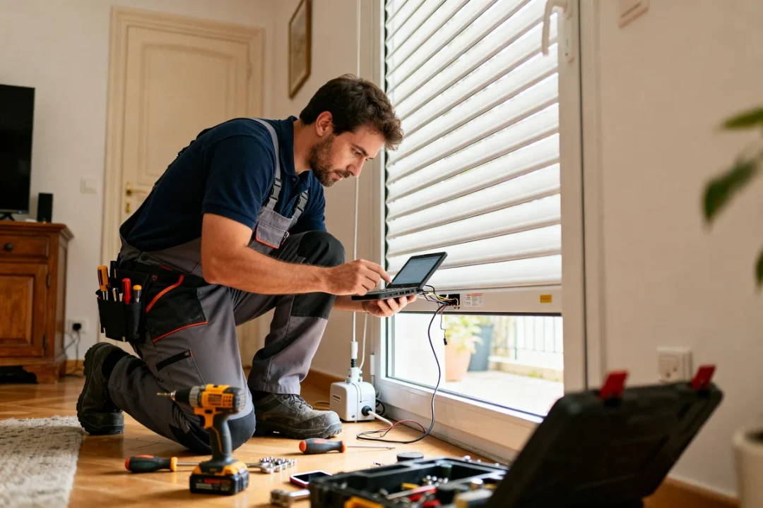 Technicien travaillant sur la réparation volet roulant électrique avec outils et laptop