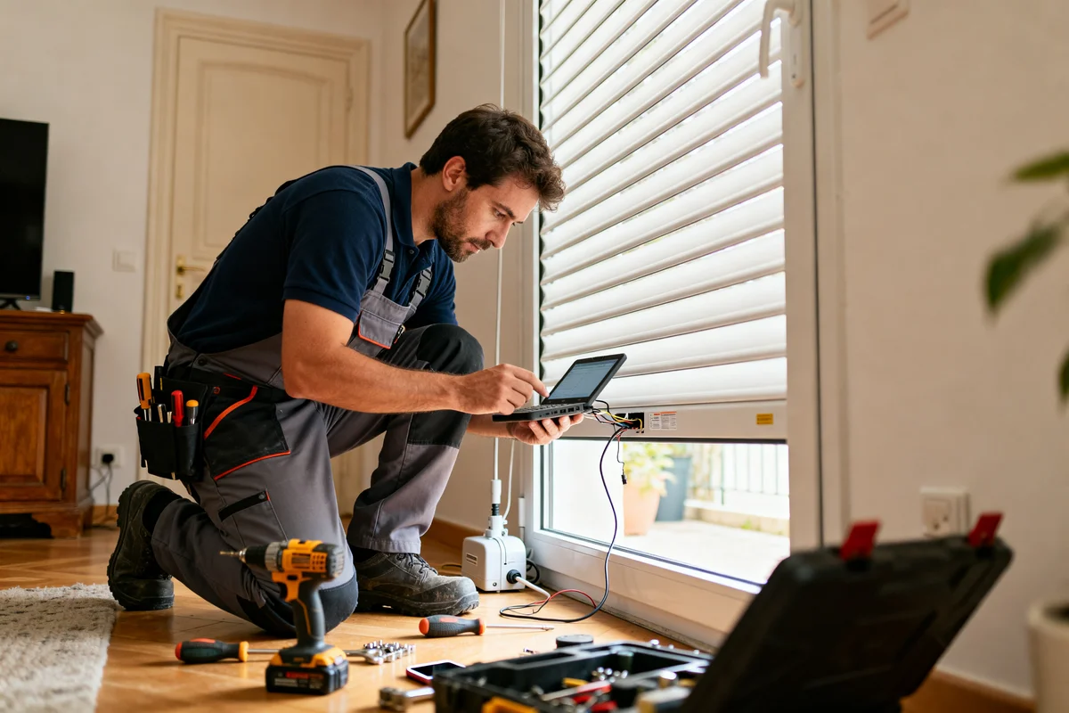 Technicien travaillant sur la réparation volet roulant électrique avec outils et laptop