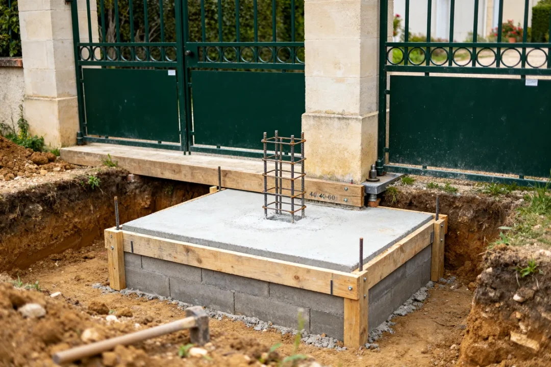 Base en béton pour portail battant avec structure métallique visible dans le schéma fondation.