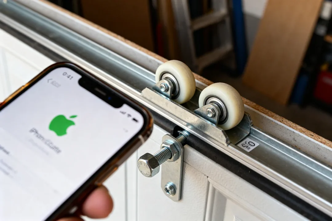Roues et mécanisme du schema porte de garage basculante avec téléphone intelligent à proximité