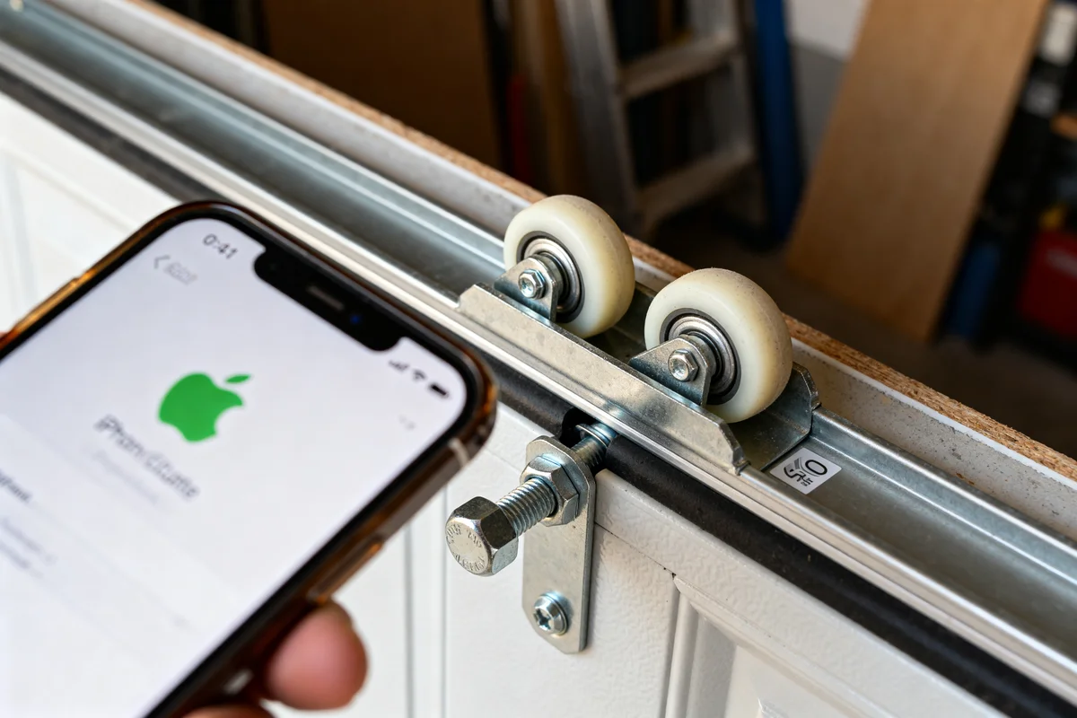 Roues et mécanisme du schema porte de garage basculante avec téléphone intelligent à proximité
