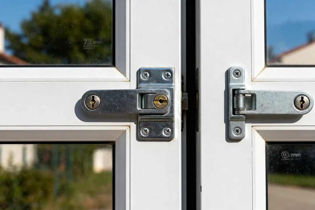 Deux serrures portail coulissant sur portes blanches avec cadre métallique en extérieur