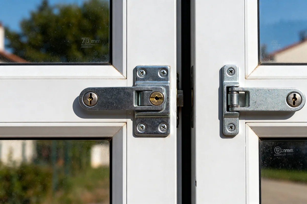Deux serrures portail coulissant sur portes blanches avec cadre métallique en extérieur