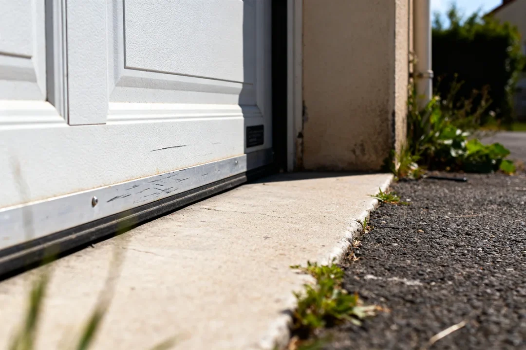 Vue rapprochée d'un seuil alu porte de garage sur sol béton avec herbes.