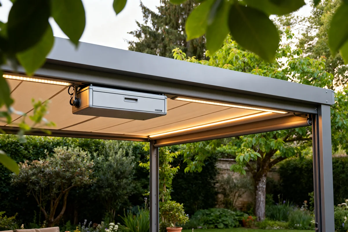 Store banne 6x3 5 moderne installé dans un jardin verdoyant sous un ciel clair