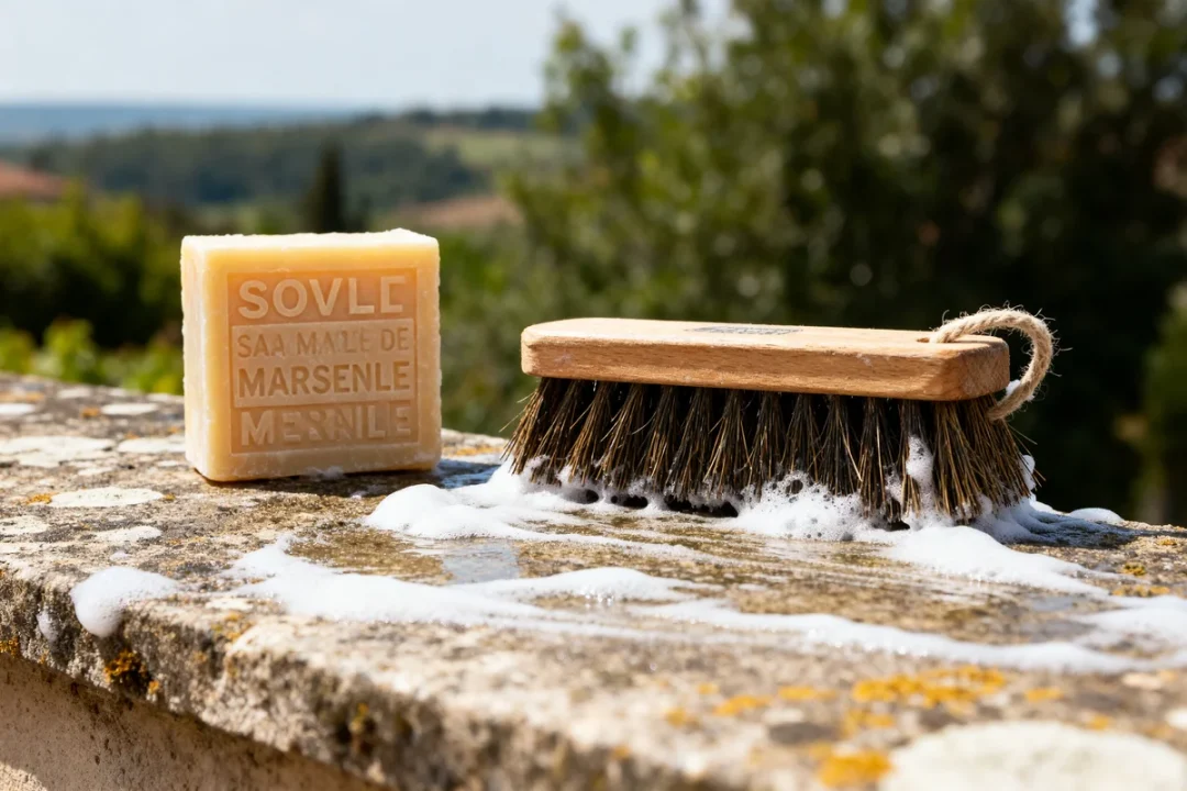 Brosse et savon sur muret en pierre pour store banne nettoyage extérieur mousseux