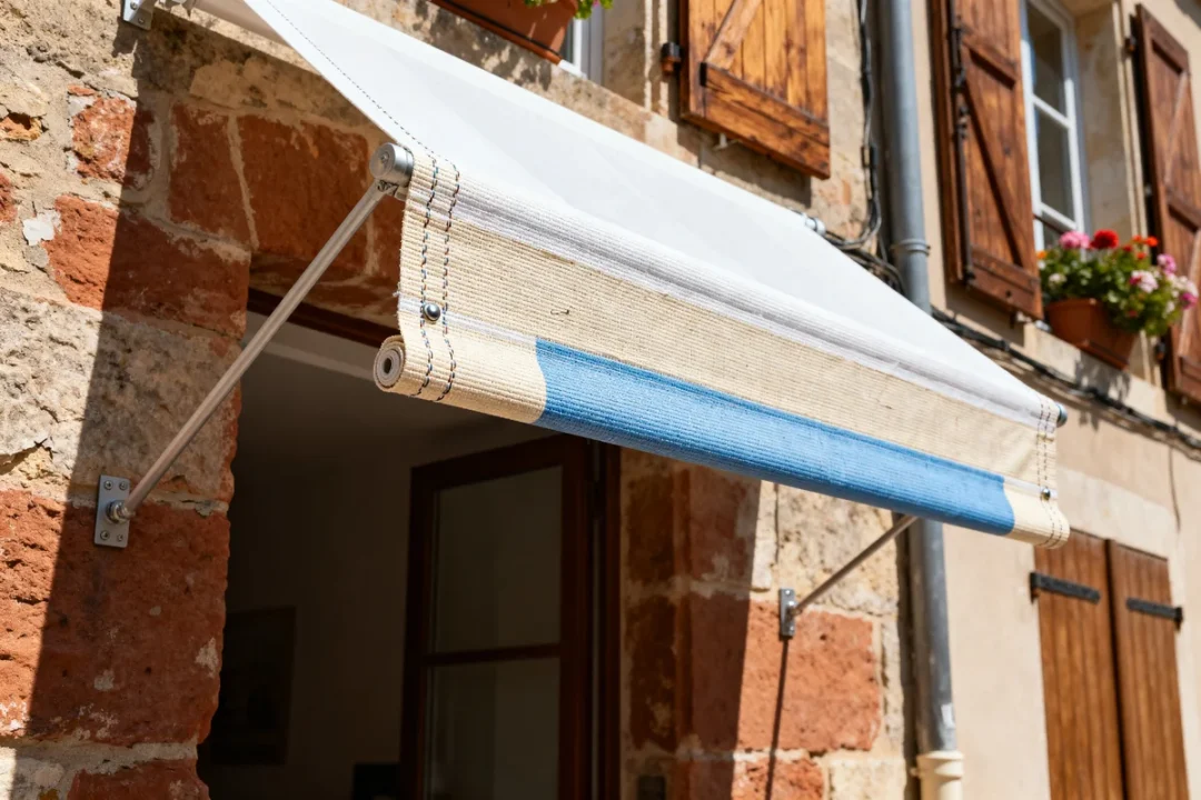 Store banne pour fenêtre en tissu beige et bleu sur façade en pierre ancienne