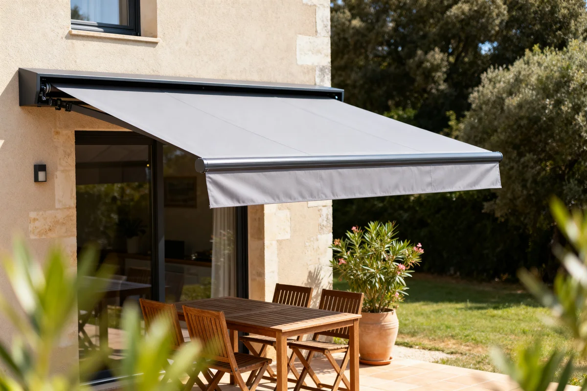Store-banne sur mesure protégeant terrasse ensoleillée avec mobilier extérieur en bois