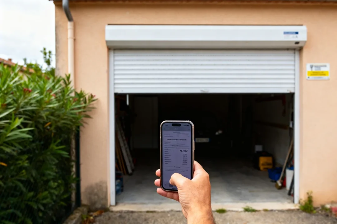 Personne vérifiant tarif réparation volet roulant électrique avec smartphone devant garage ouvert