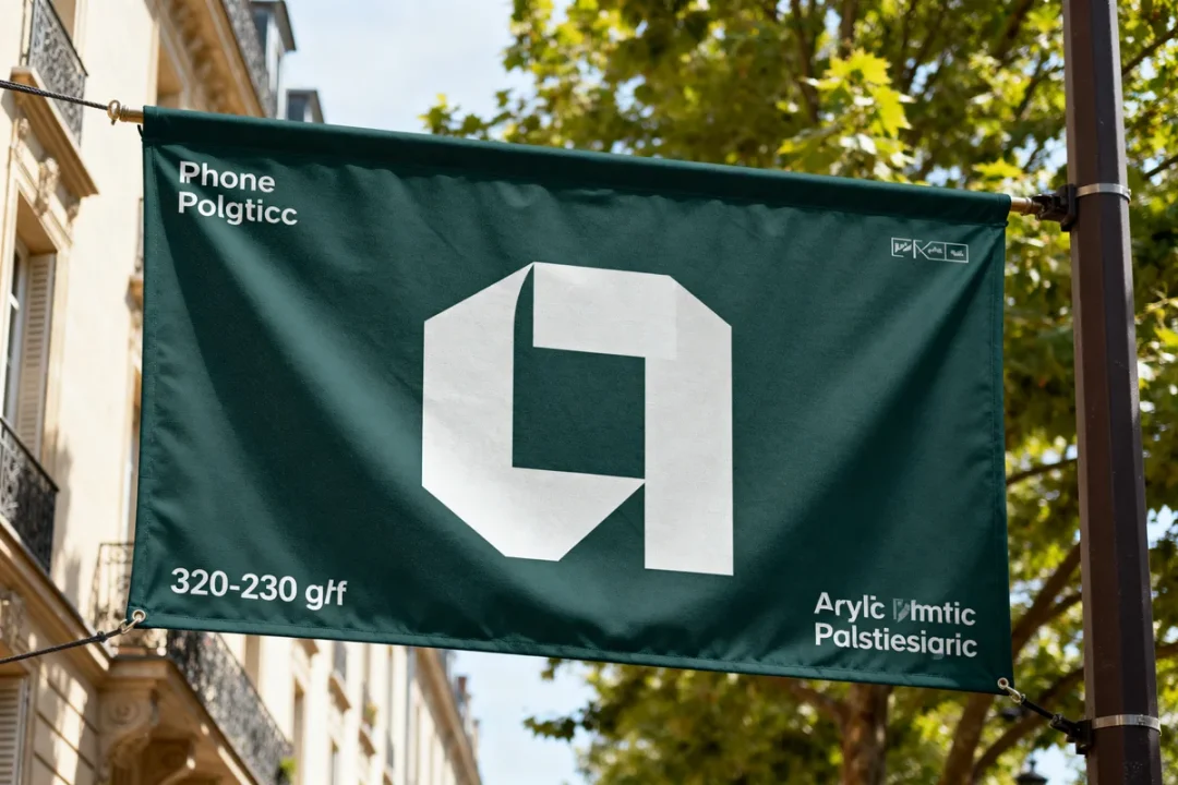 Bannière verte sur rue avec logo blanc en tissu store banne suspendue extérieur