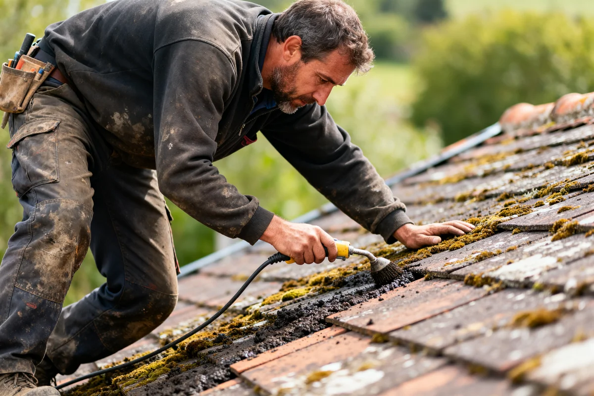 Ouvrier effectuant un travail de toiture démoussage avec une brosse électrique sur tuiles en terre cuite