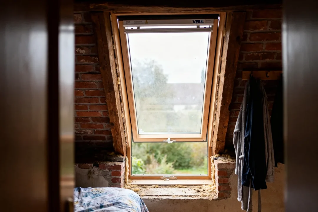 Fenêtre de toit en bois avec velux dimensions et vue sur jardin verdoyant
