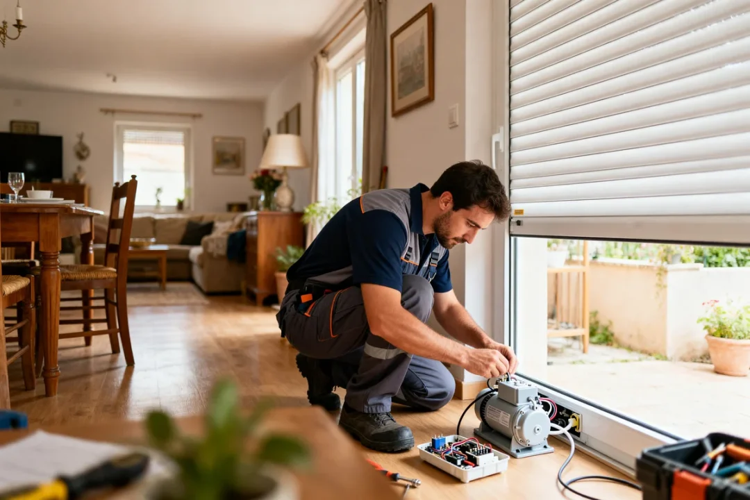 Technicien effectuant un dépannage de volet roulant électrique dans un salon lumineux
