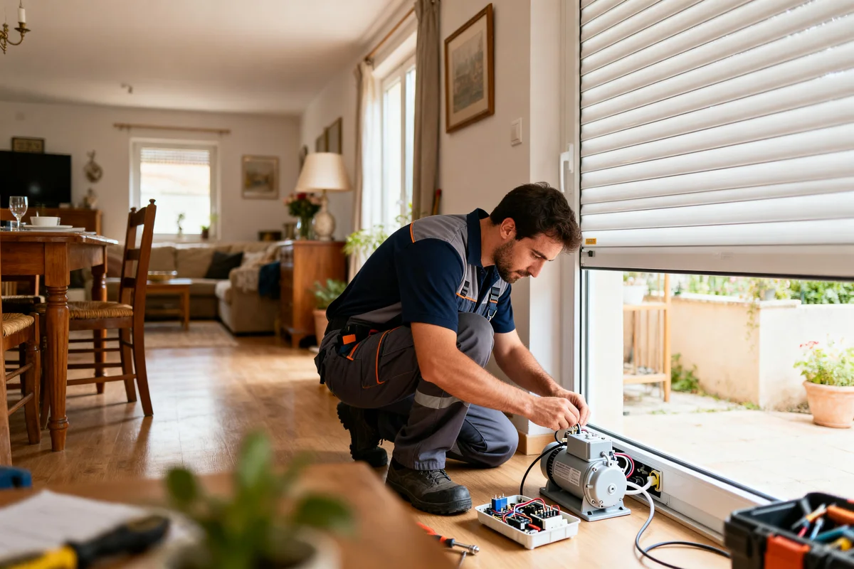 Technicien effectuant un dépannage de volet roulant électrique dans un salon lumineux