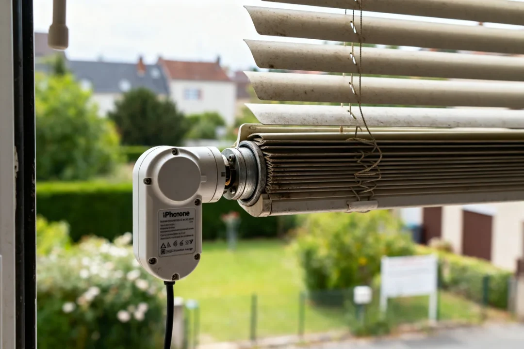 Vue rapprochée d'un volet roulant électrique moteur avec vue extérieure floue