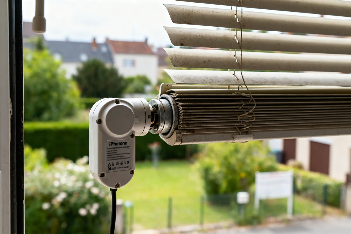 Vue rapprochée d'un volet roulant électrique moteur avec vue extérieure floue