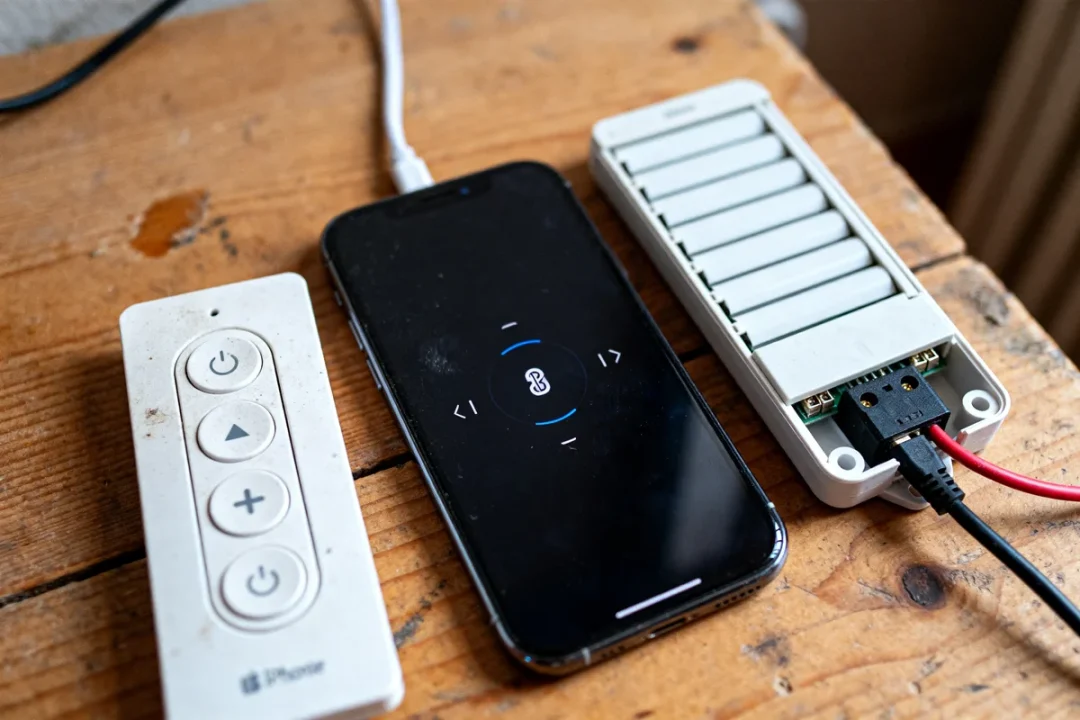 Télécommande et smartphone avec volet roulant interrupteur sur table en bois ronéiforme