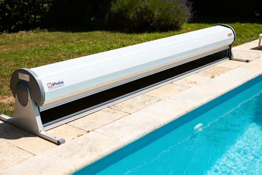 Volet roulant piscine installé au bord d'une piscine dans un jardin verdoyant