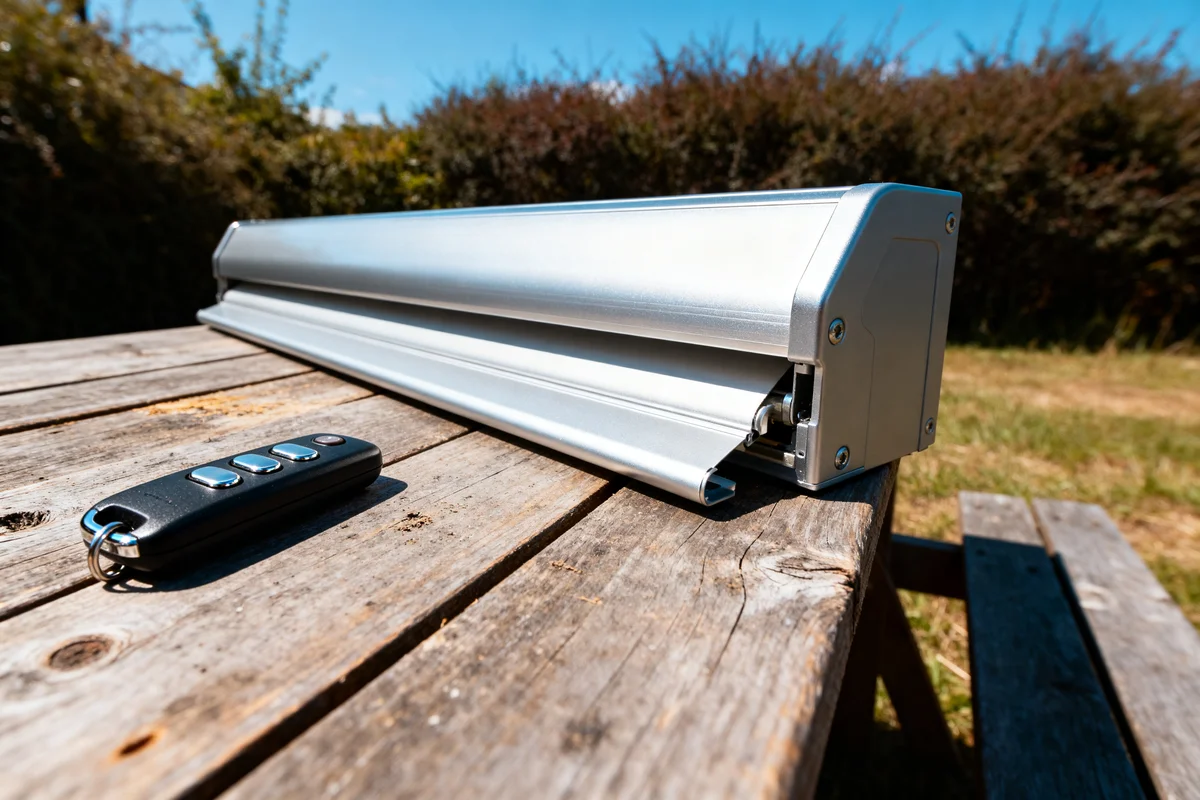 Volet roulant télécommande posé sur une table en bois extérieure par temps ensoleillé
